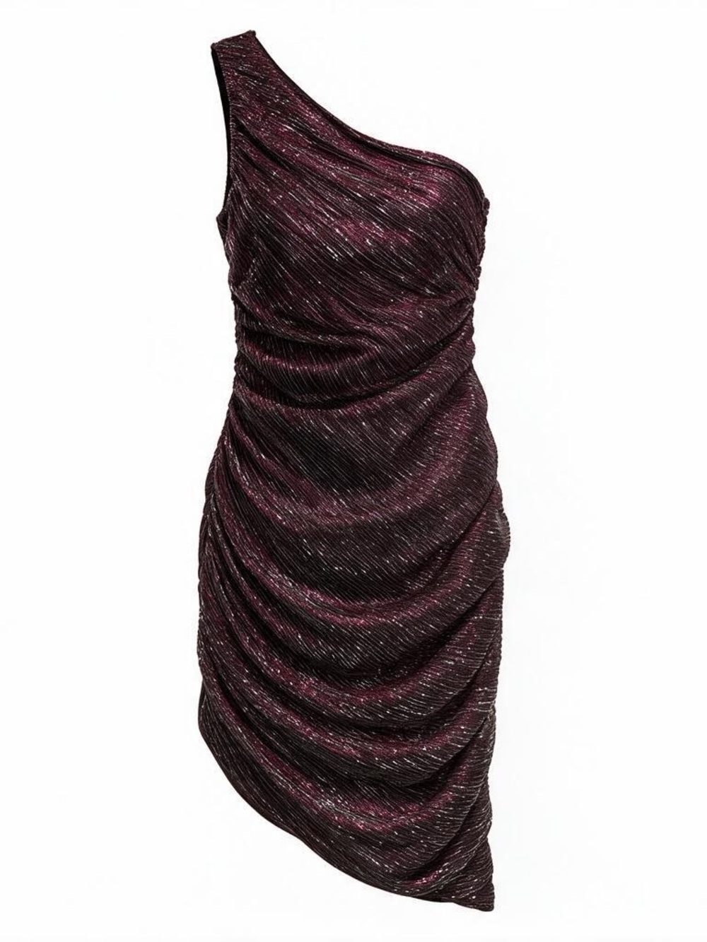 Lulu's One-Shoulder Metallic Burgundy Ruched Dress